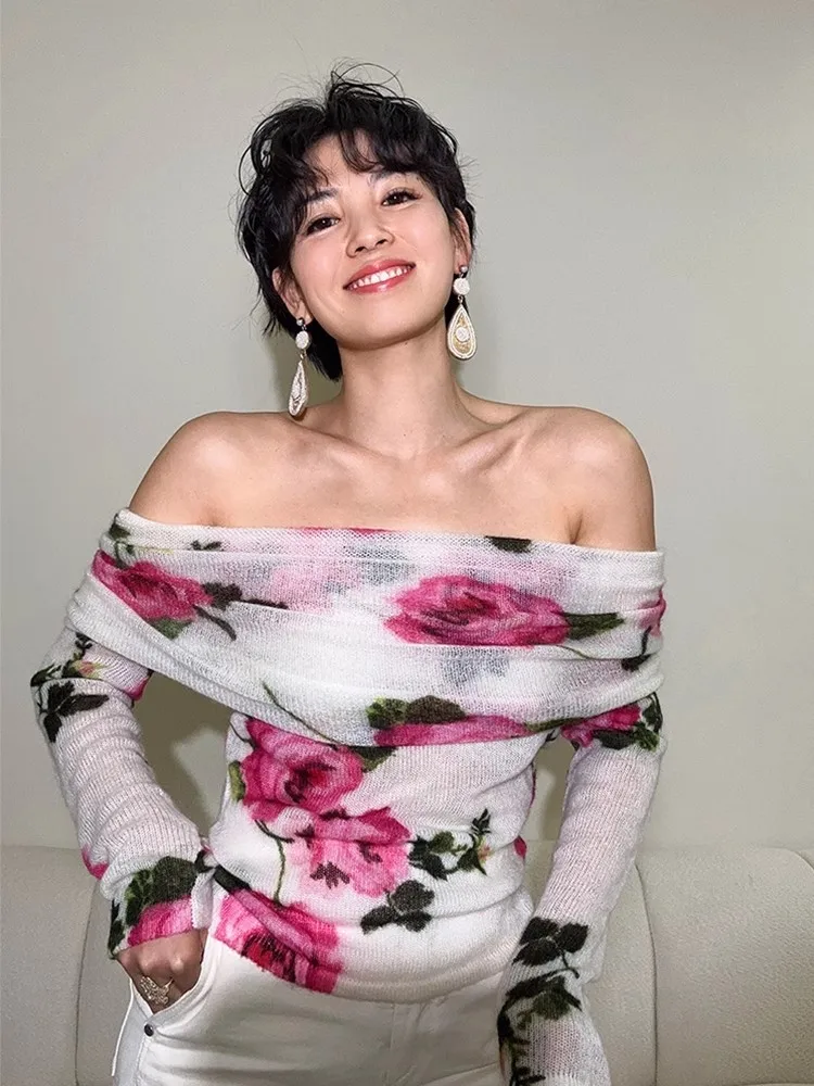 Женский ранний осенний новый модный вязаный свитер с открытыми плечами и