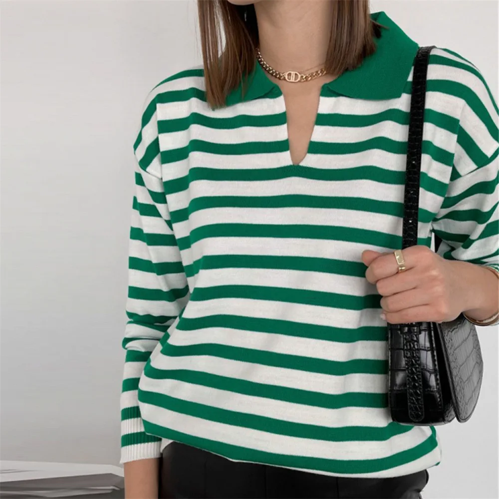

New 2022 Spring European American V-neck Striped Contrast Color Sweater Is Thin Fashionable Pullover Bottoming Sweate