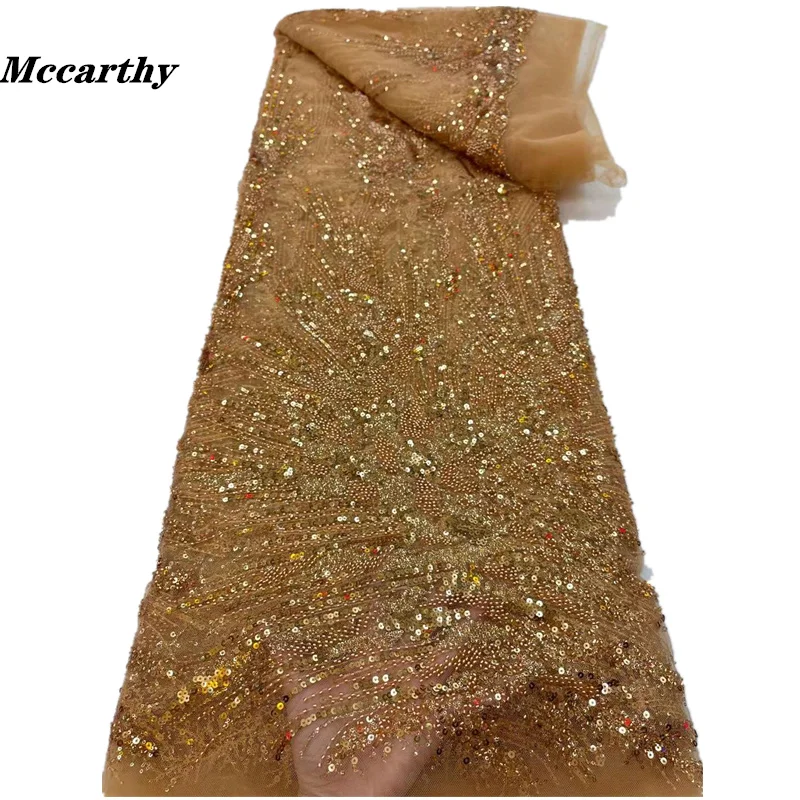 

Luxury Beads Lace Handmade Fabric French Wedding Dress Latest Nigeria Cotton Embroidery Gold Good Price With Sequins New