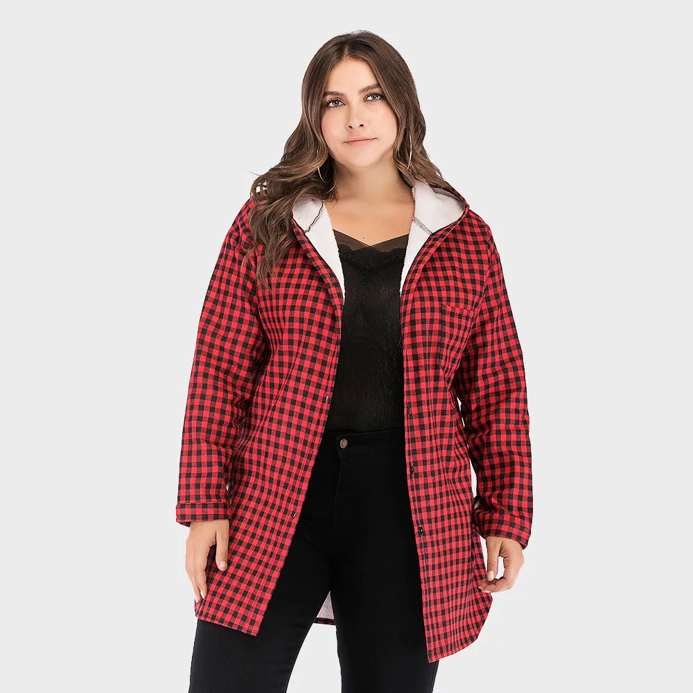 Plus Size Ladies Outwear Fall Fashion Casual Hooded Medium Long Velvet Plaid Long Sleeve Coat Women's Clothing XL-3XL Oversiz