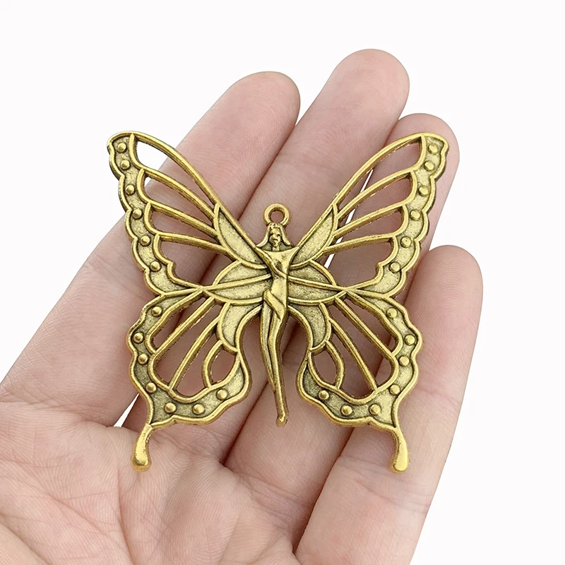 

3 X Antique Gold Color Large Goddess Nouveau Butterfly Fairy Charms Pendants for Necklace Jewelry Findings 57x59mm