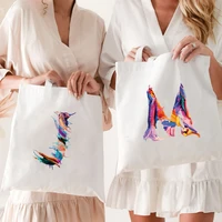 shopping bags women canvas shoulder bag reusable ladies paint letter printing handbags casual tote grocery storage bag for girls