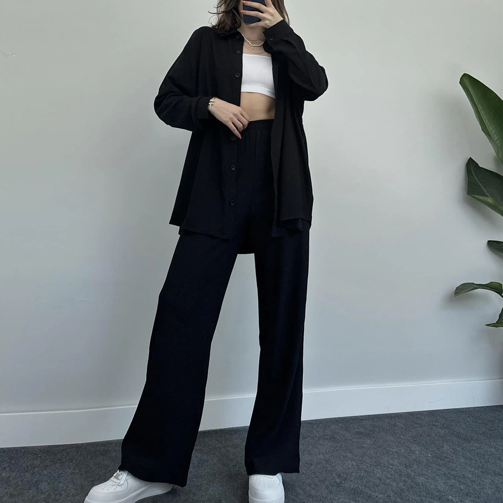 

Женский спортивный костюм, однотонная Свободная Повседневная рубашка и брюки с широкими штанинами, Корейская уличная одежда, повседневные Костюмы