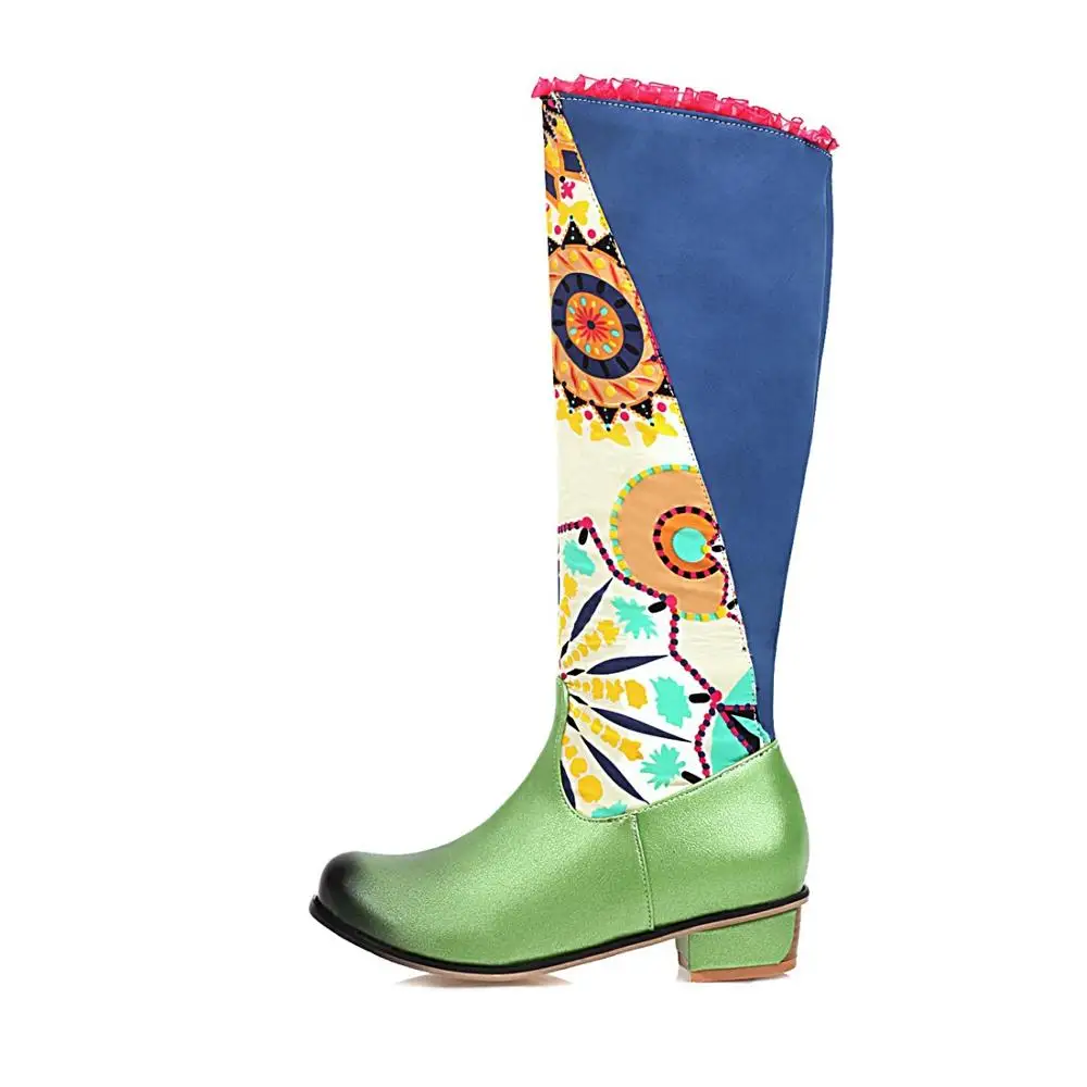 

Female Square Heel 3.5cm Fringe Botas Long Winter Zipper Knee Top Booty Big Size 48 Women Warm Shoes Round Toe Geen Purple 28cm