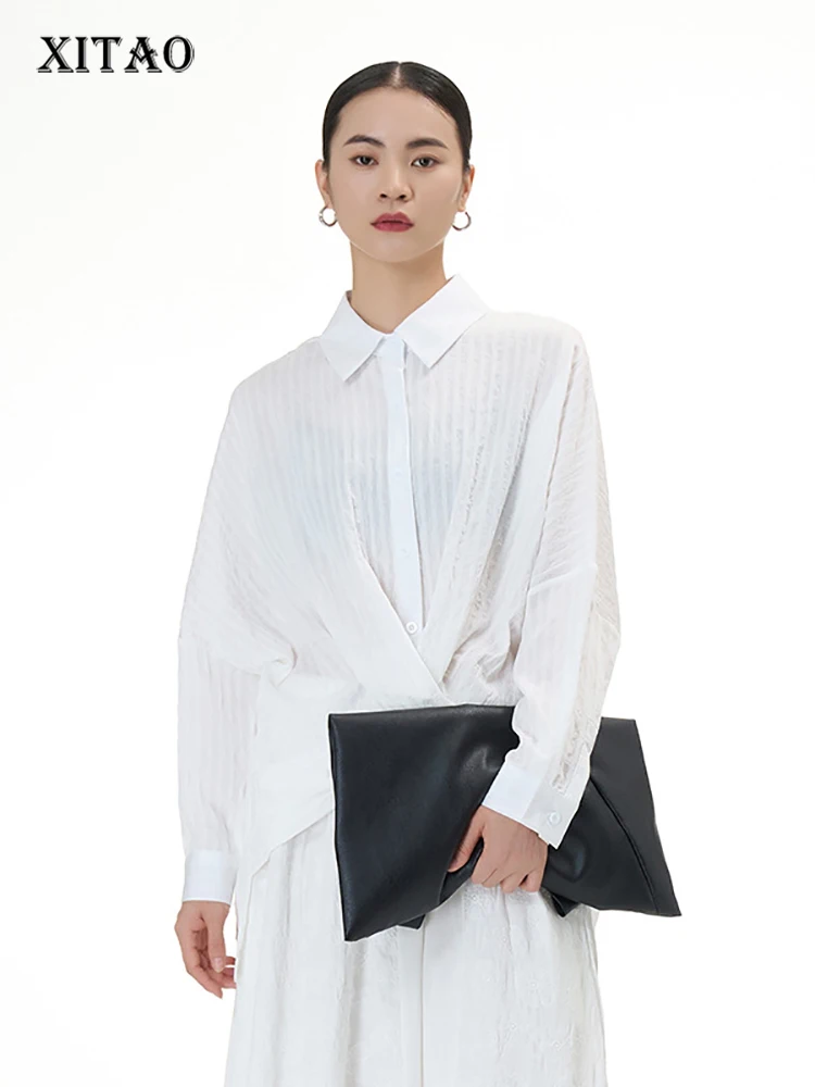 

XITAO Solid Color Folds Turn-down Collar Shirts Asymmetrical Single Breasted Loose Vintage 2023 Autumn New Casual DMJ2377