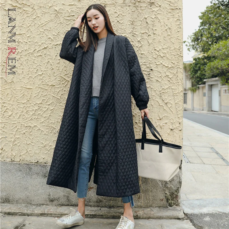 

LANMREM New Street Thin Style Black Oversize Lapel Back Vent Button 2022 Female's Long Cotton Coat Jaqueta Feminina WTH1201