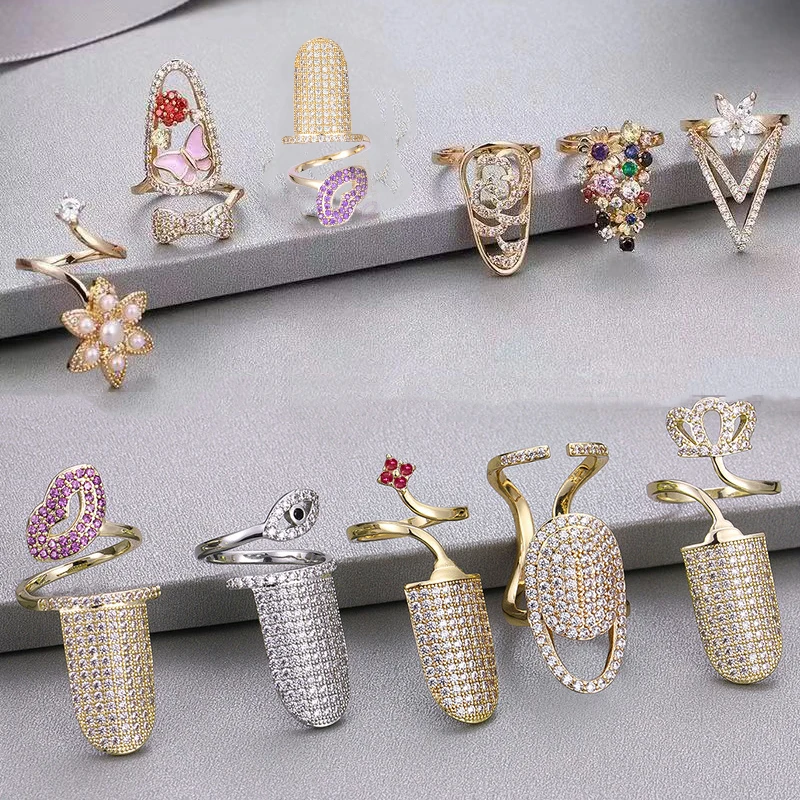 Rhinestone Fingernail Protective Zircon Nail Ring Charm Flower Butterfly Resizable Nail Ring Adjustable Opening Rings For Women