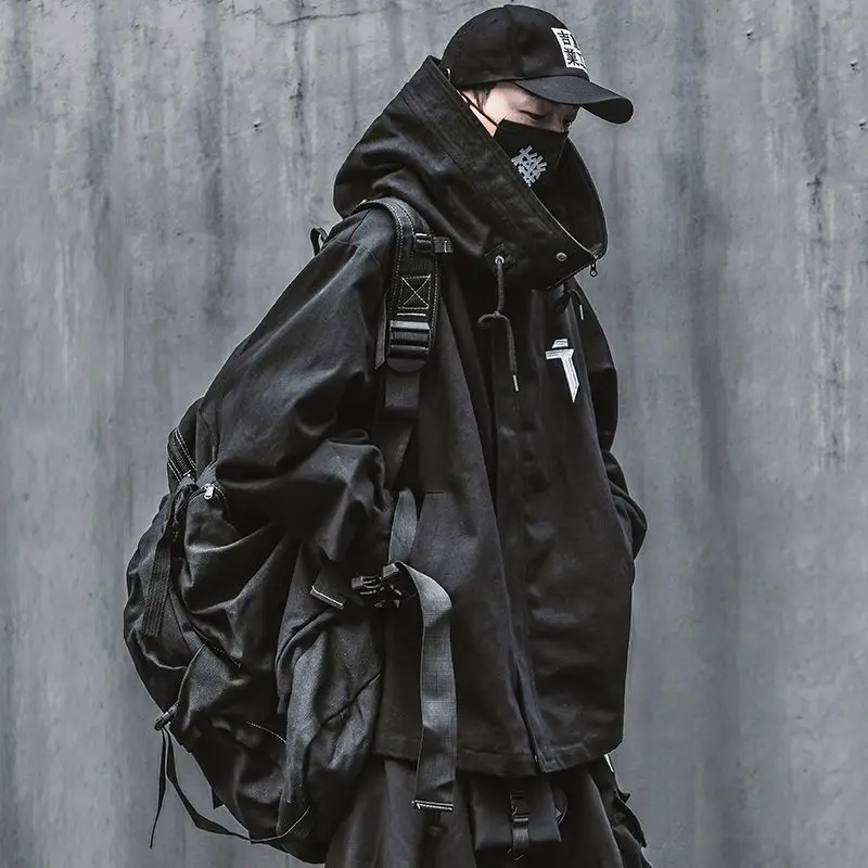 Spring Trend Functional Wind High Collar Coat Loose Hooded Work Jacket Men'S Clothes Harajuku Hiphop Safari Style Outer Garment