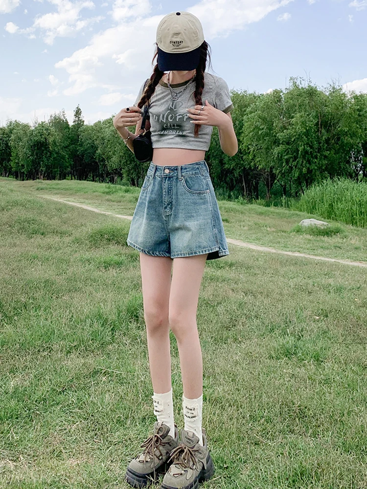 Streetwear Women Vintage Wide Leg High Waist Blue Denim Shorts Spring Summer Female Loose Retro Jeans Shorts Bottoms