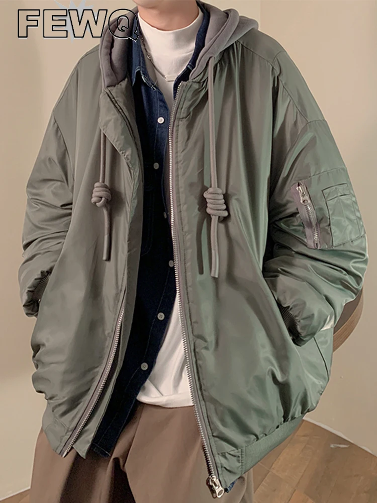 

FEWQ Solid Color Men's Bomber Jacket Casual 2022 Autumn News Male Simple Fashion Drawstring Hooded Cotton Padded Outwear 24B113