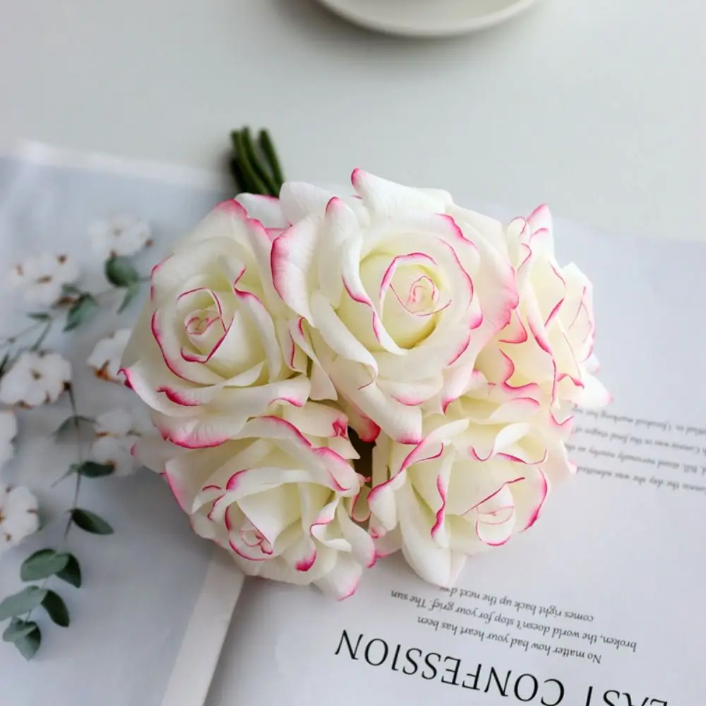 

Simulation 5 Head Curled Edges Rose Bouquet Real Touch Flowers Artificial Wedding Decorative Flowers Hand Holding Fake Bouquet