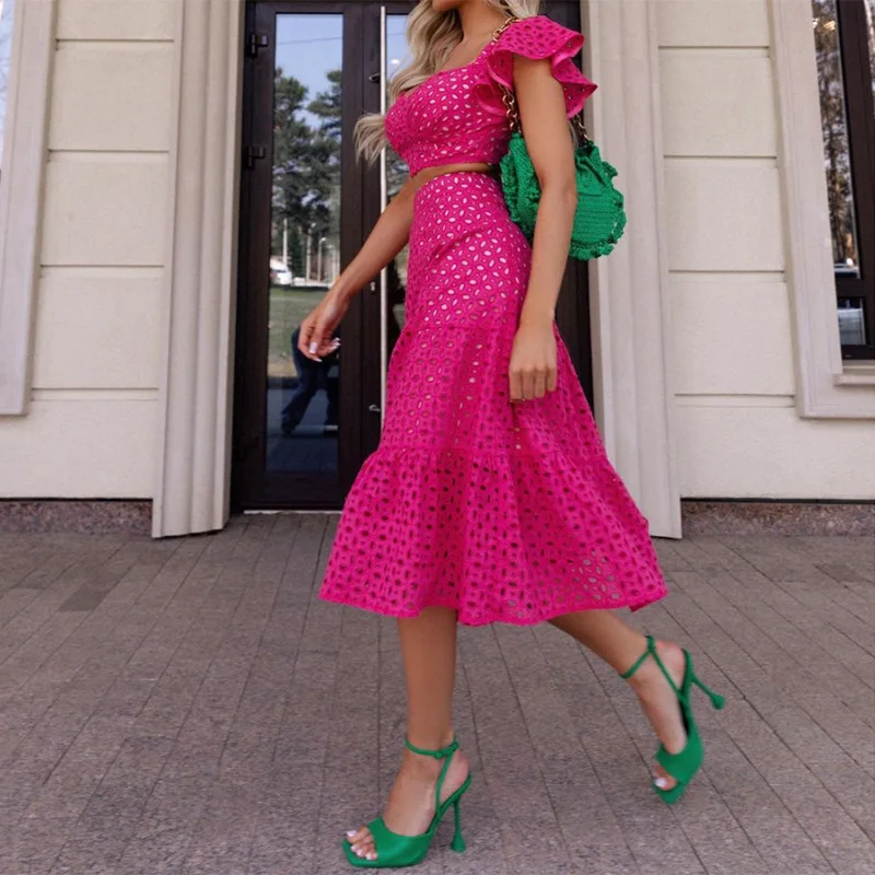 

Wepbel Cute Dress Sets Women Ruffle Sleeve Lace Slash Collar Tops French Vest Skirt Off-Neck Tube Top 2 Piece Sets Skirts Sets