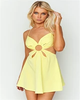 women summer sexy spaghetti strap hollow out mini dress sleeveless backless bandage high waist party dress beach outing yellow