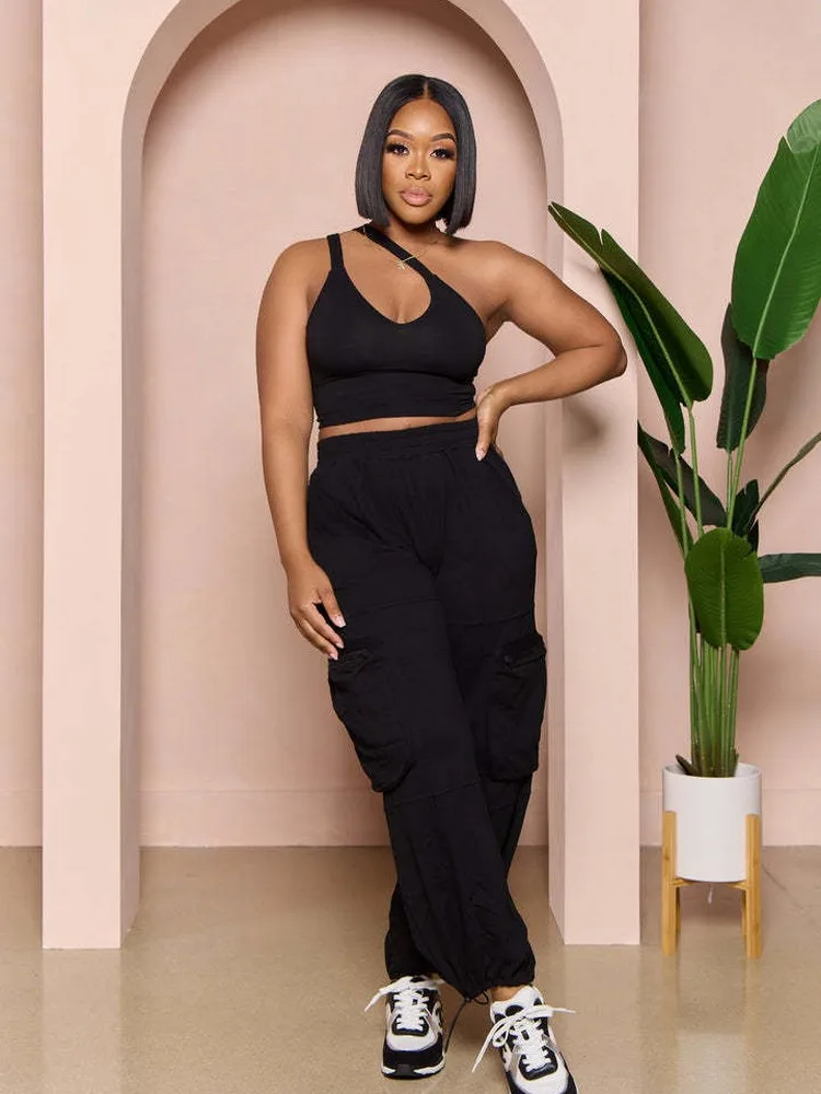 

Casual Sport Two Piece Pant Suits for Women Low Neck Sleeveless Tank Crop Tops+elastic High Waist Baggy Trouser with Pockets