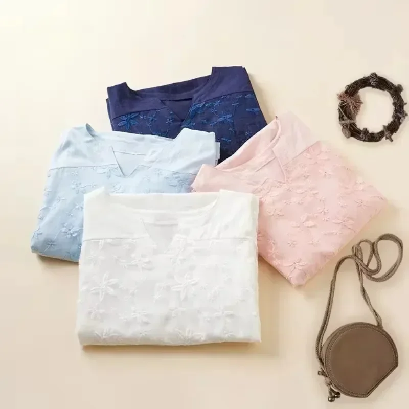 Лидер продаж 2024 женская хлопково-льняная блузка с v-образным вырезом и вышивкой