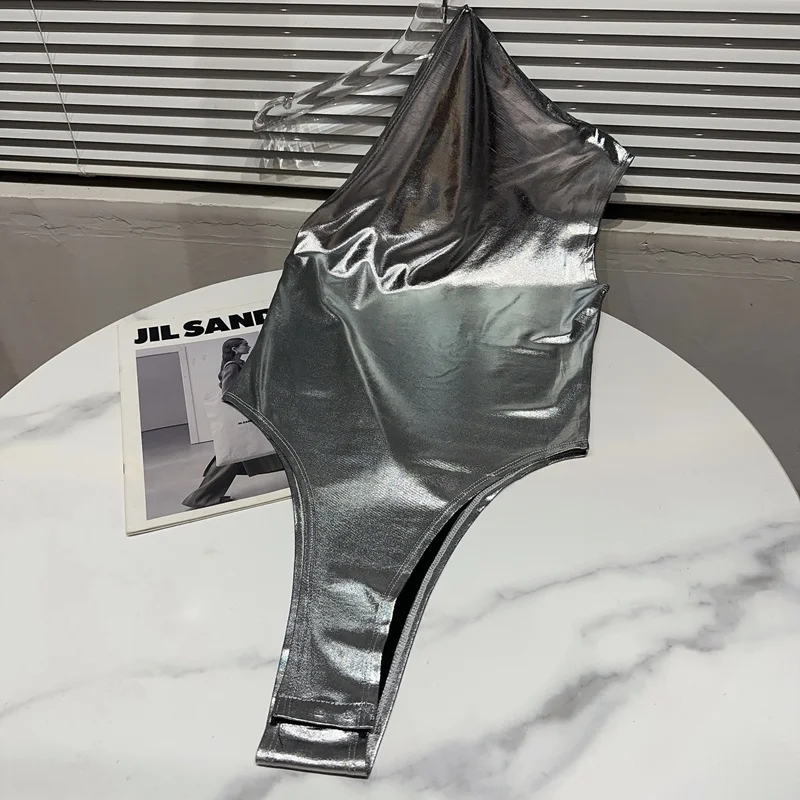 

BORVEMAYS Silver Sexy Slim Jumpsuit Sleeveless Solid Color Asymmetrical Neck 2023 Summer New Leggings WZ1308