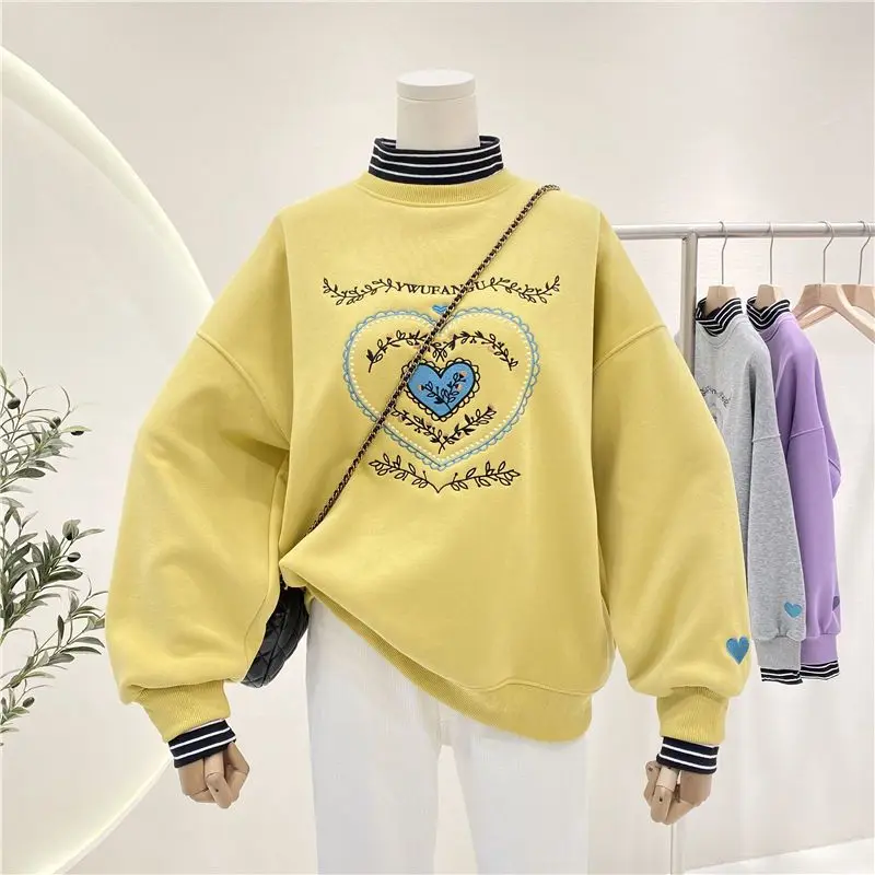 

Love Embroidery Fake Two Pieces Sweatshirt Women's Plush Thicken Autumn Winter Korean Version Loose Large Size Long Sleeve Tops