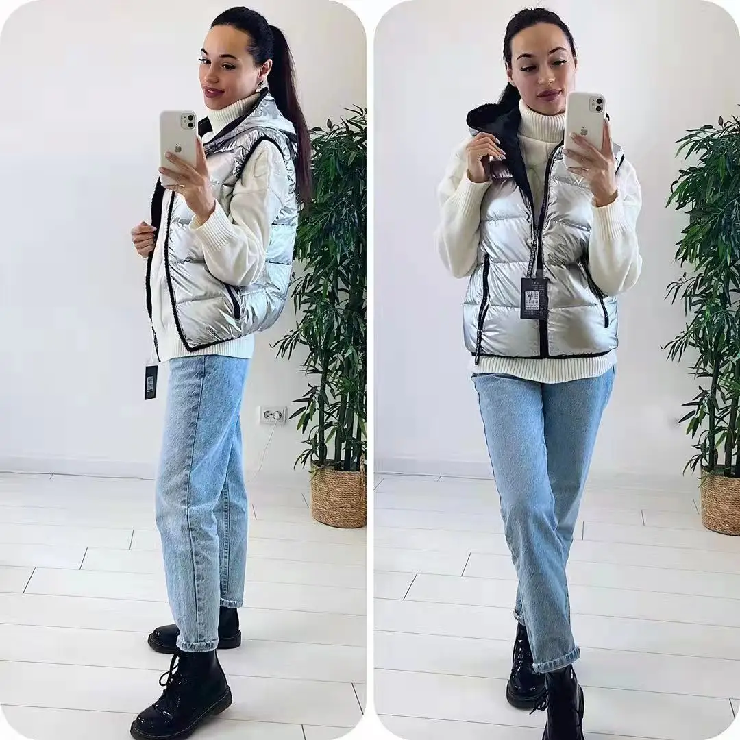2023 New Women Winter Vests Hooded Short Bright Color Vest Cotton Padded Sleeveless Coat Female Waterproof Thick Waistcoat