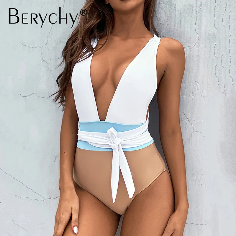 

Сексуальный слитный купальник в стиле пэчворк, Женский бандажный купальник пуш-ап на шнуровке, Бразильский купальный костюм с глубоким V-об...