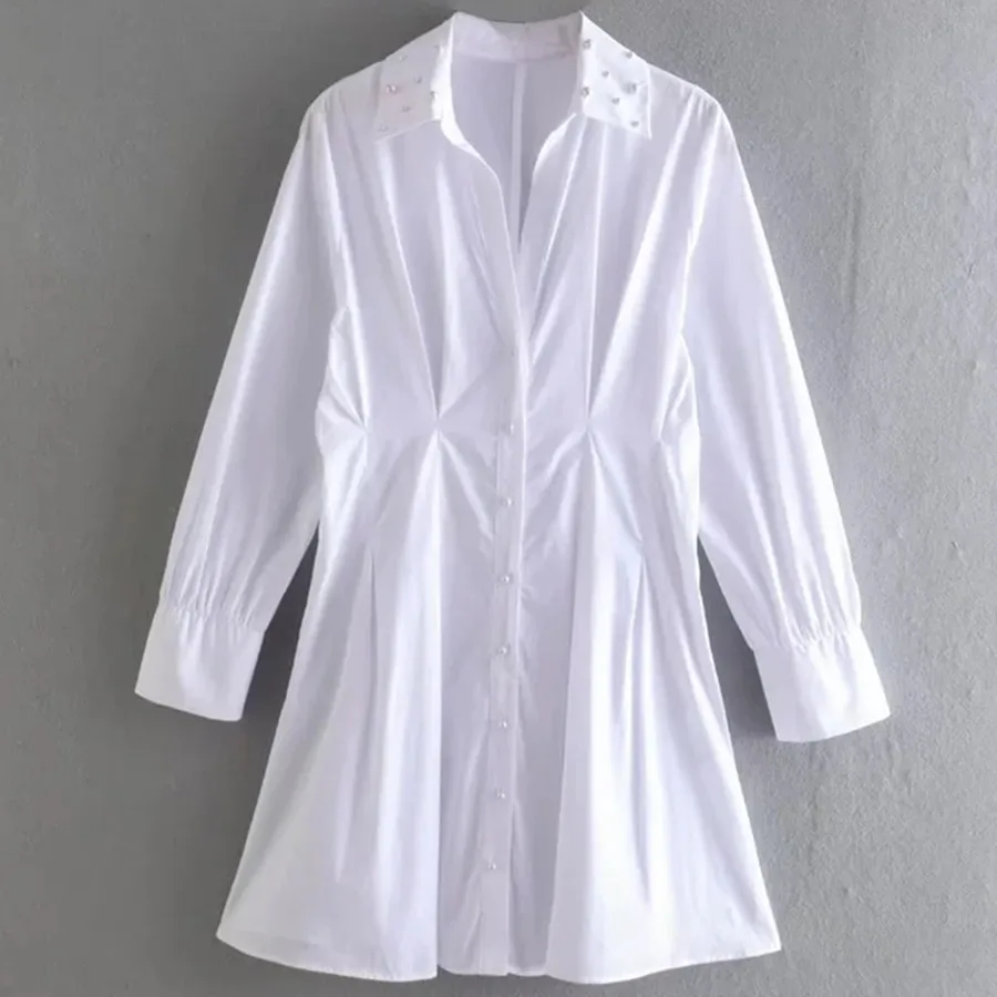 

Плиссированное Платье-мини из поплина с жемчугом, повседневное белое летнее платье в английском стиле, модель 2022 года