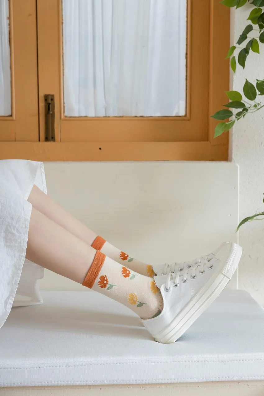 Fashion New Ins Cute Plant Sock Set for Women Trend Personality Kawai Flower Colorful Cotton Socks 5 Pairs Girls Gift