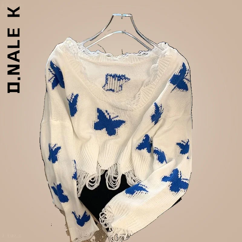 

D.Nale K Korean Fashion Graphic Knitted Sweater Woman Harajuku Sweet Cropped Tops Shoulder Casual Loose Jumper Y2K