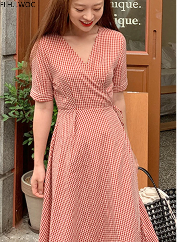 

Red Plaid Dresses Women Summer Casual Korea Japan Preppy Style Temperament Lady One-Piece Lace-Up Retro Vintage Cute Shirt Dress
