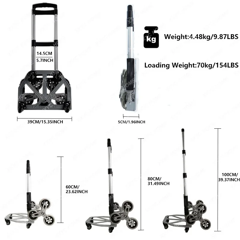 

150KG All Terrain Stair Climbing Cart Hand Truck with Bungee Cord Folding Trolley for Upstairs Cargo with 6 Crystal Wheels