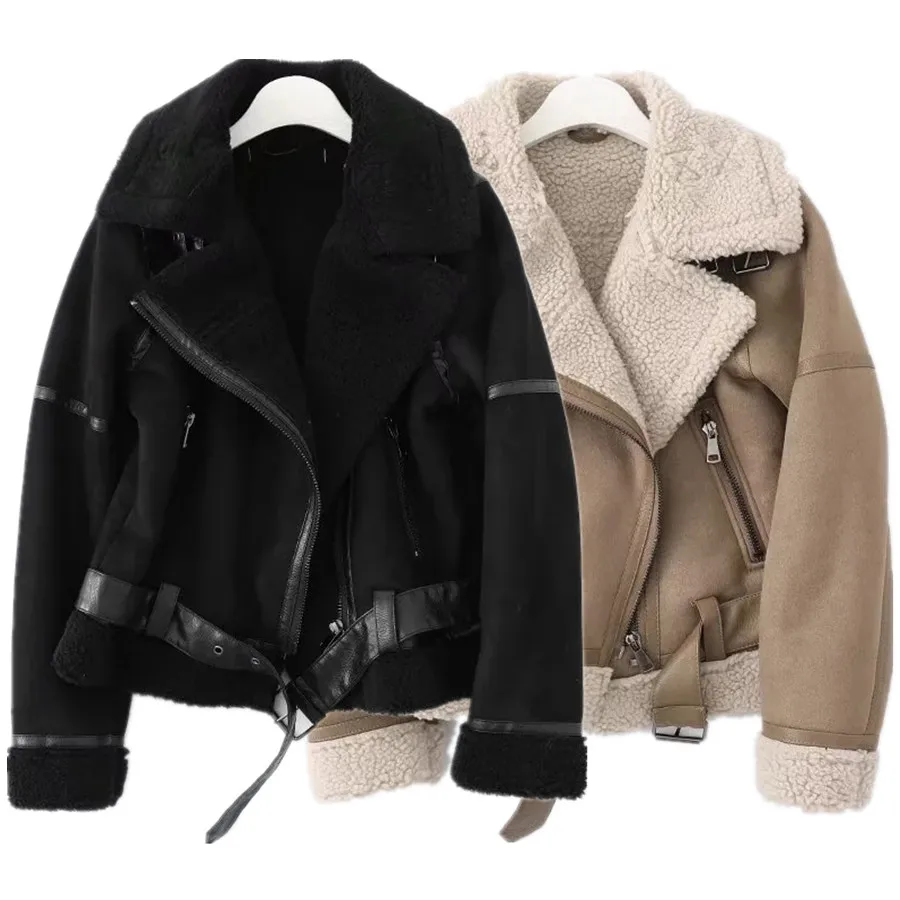 Dave&Di Ins FashionWinter Leather Coat Women Blogger Retro Zipper Lamb Cashmere Warm Oversize Suede Jacket Women Coat