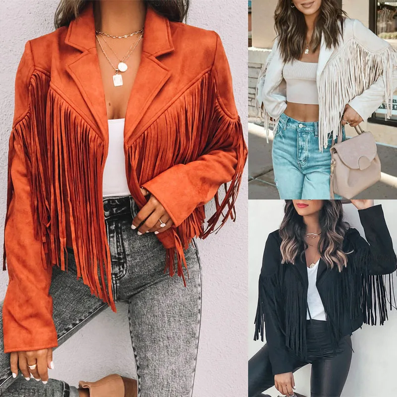 

Autumn-winter Women's Imitation Leather Lapel Fringe Short Coat Jacket