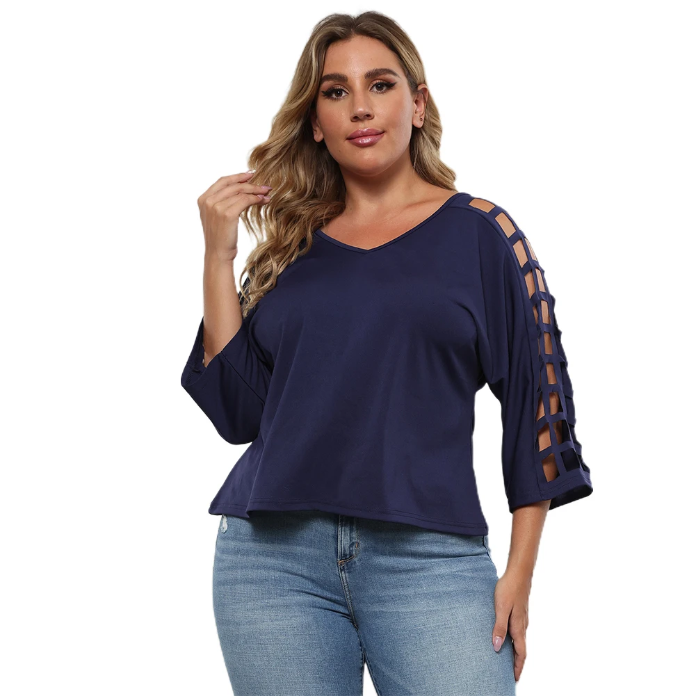 

New Style XL~4XL Women Plus Size Hollow Out Long Sleeve T Shirt V Neck Soild Tee Bat Sleeve Tops Soft And Comfortable