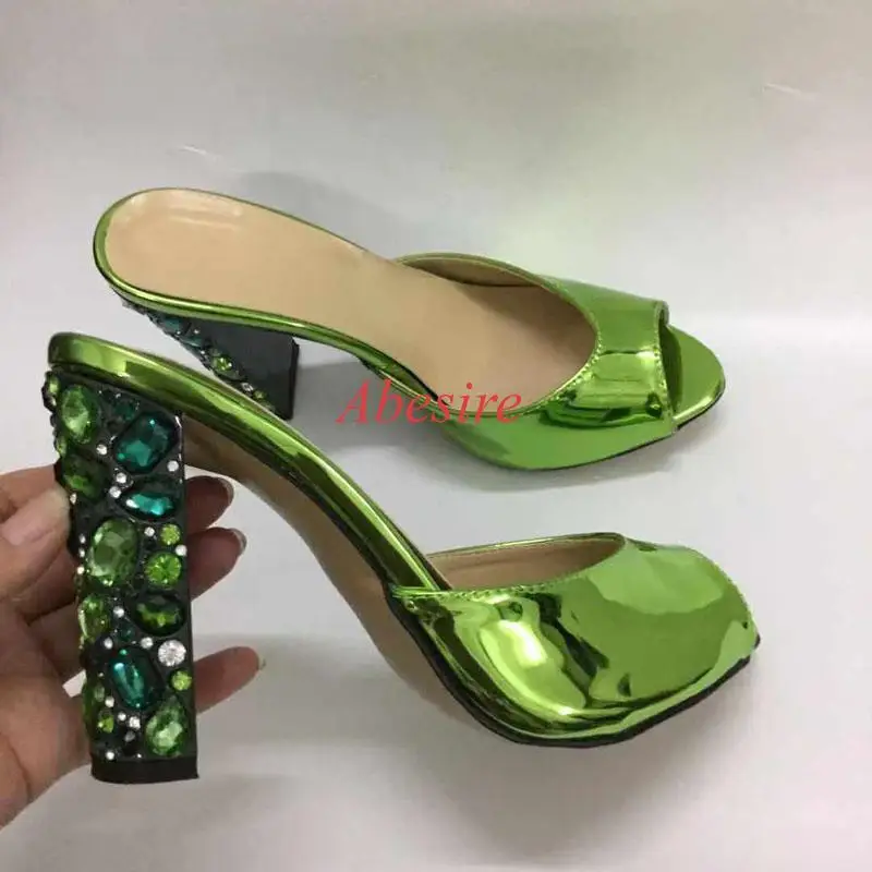 Summer New Emeralds Thick Heels One Line Shallow Slippers 8Cm High Heels In Green Patent Leather