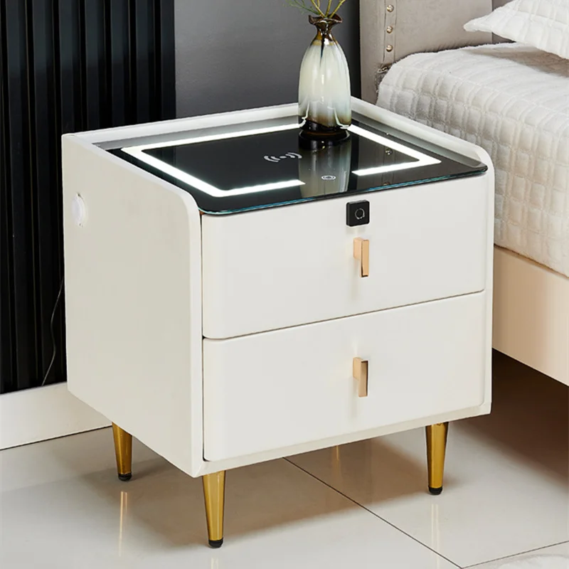 

Leather Smart Bedside Table Modern Style Wood Nightstands with Wireless Charging Bluetooth Speaker LED Bedroom Side Cabinet