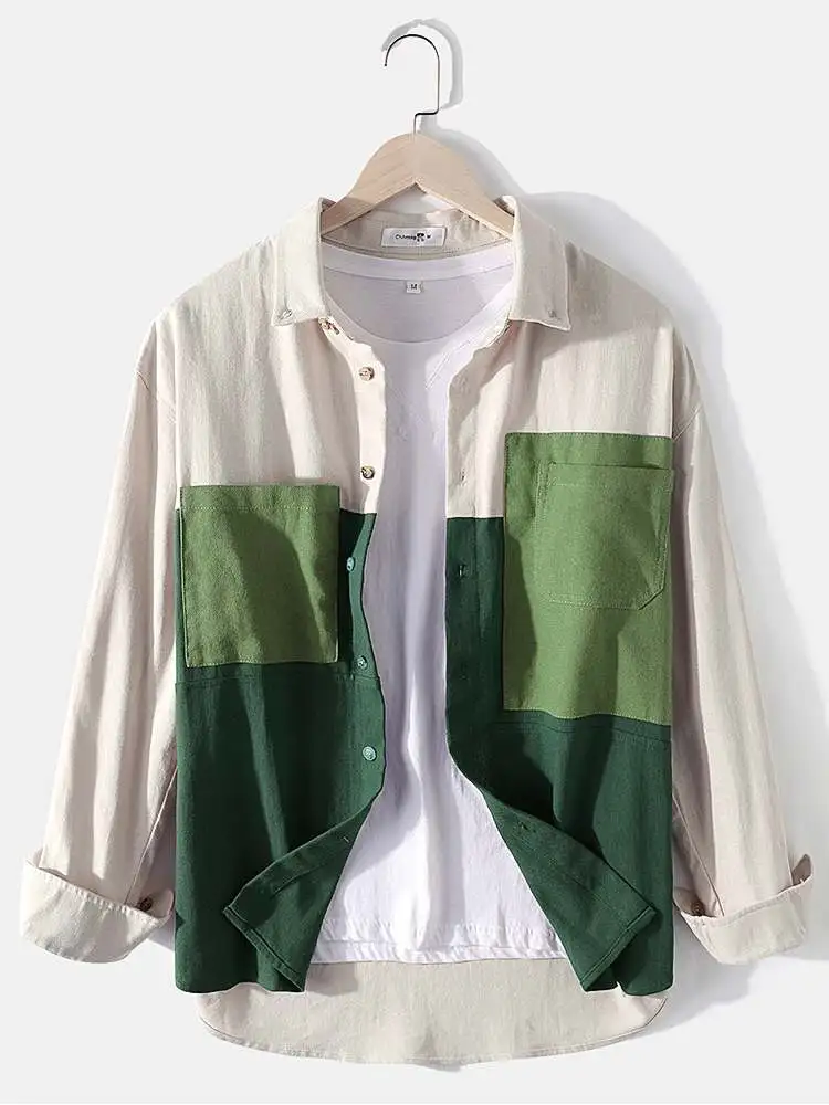 CharmkpR Tops 2023 Men's Cotton Colorblock Patchwork Loose Blouse Casual Streetwear Male Chest Pockets Long Sleeve Shirts  S-2XL