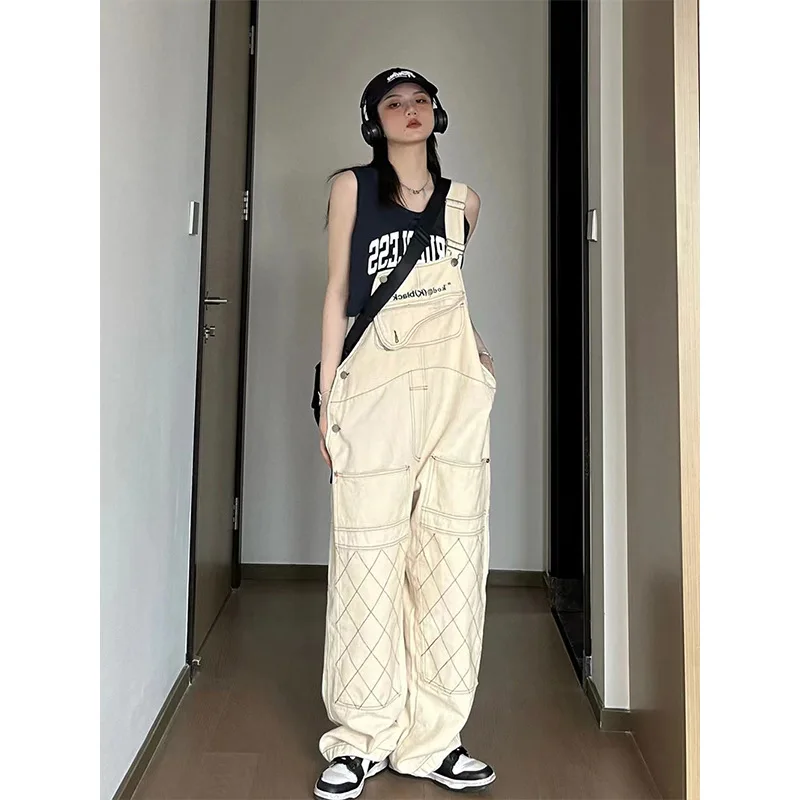 

Womens Beige Bright Line Overalls Personality Niche Casual Loose Dungarees Romper Cool Girl Baggy Playsuit Streetwear Jumpsuit