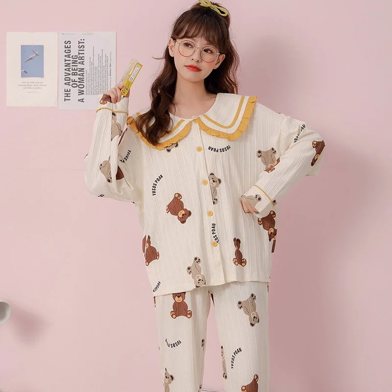 spring new cardigan pajamas women's pure cotton sweet  lovely lapel loose long sleeved trousers autumn  winter home clothes