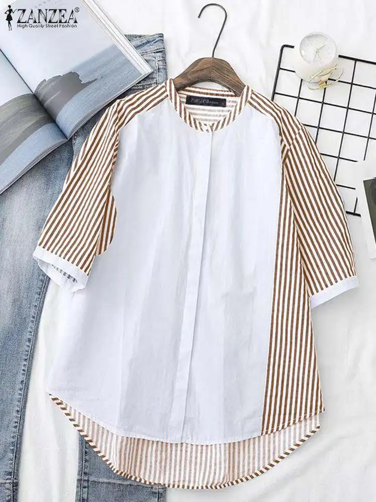 

Women 2023 Summer Shirt ZANZEA Casual Striped Panel Half Sleeve Chemise Fashion Rounded Hem Oversize Tops Button Up O-neck Blusa