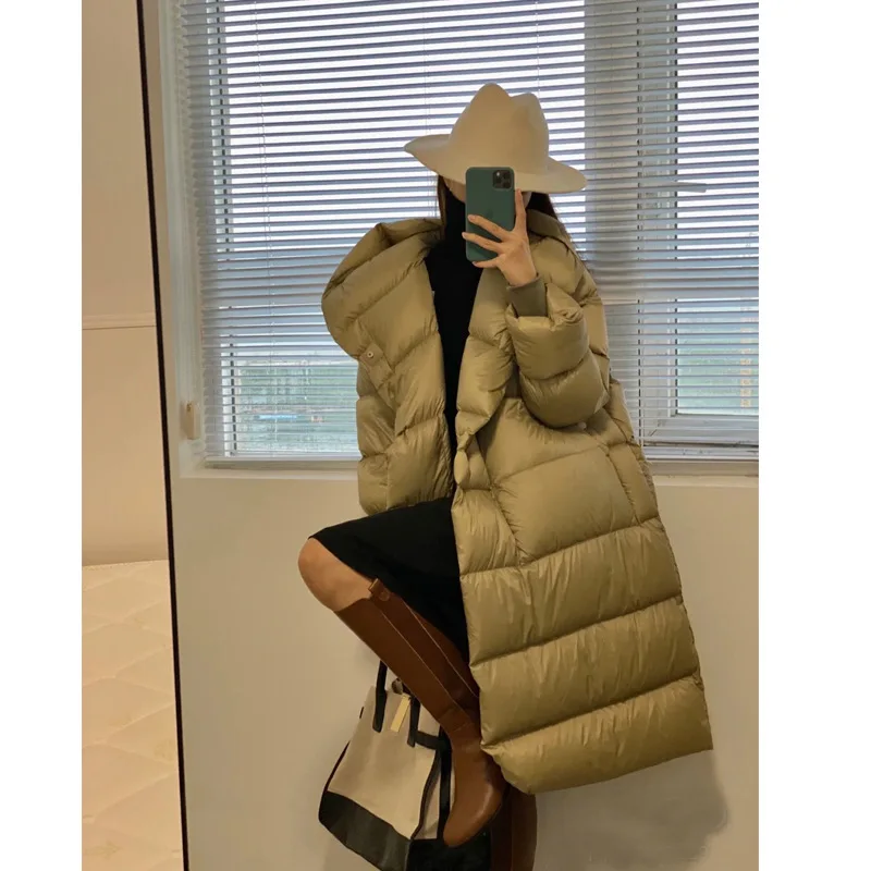 Long Over Knee Down Jacket Women Thick Loose Thin White Duck Down Hoodie Coat Winter Puffer Jacket