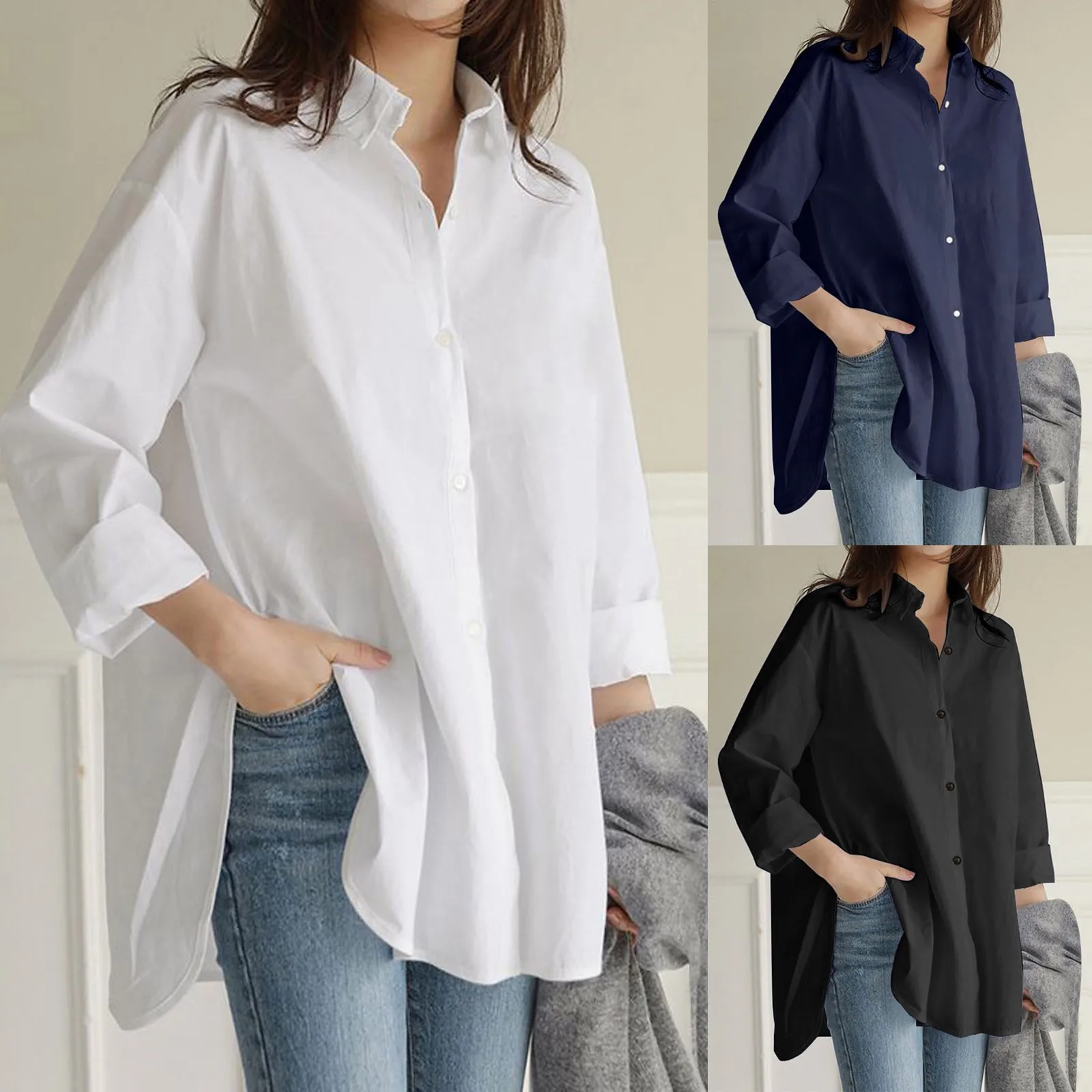 

Casual Loose Long Shirt Women Solid Colour Oversize V-Neck Long Sleeve Button Top Shirt Blouse women tops women shirt blouse