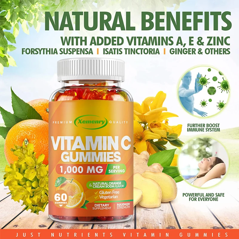 

Витамин C, 1000 мг, жевательные резинки для взрослых и детей, мультивитамины с цинком и растительными ингредиентами для повышения иммунитета и улучшения кожи