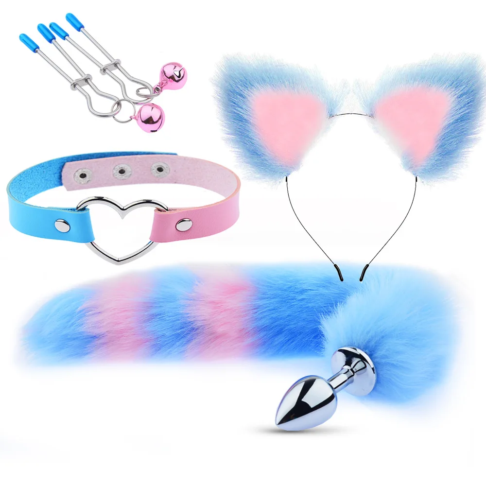 

Cute Fox Tail Anal Plug Cat Ears Headbands Set Adult Games Nipple Clip Neck Collar Erotic Cosplay Sex Toys For Women Couple BDSM