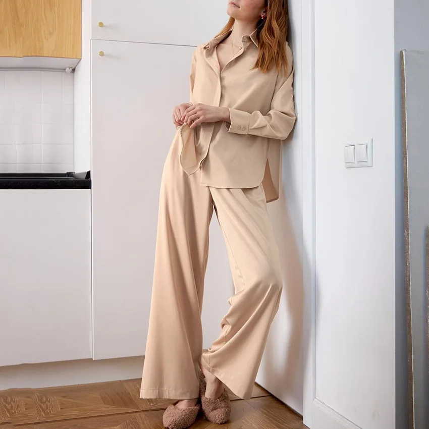 Women Relax Soft Pajamas Luxury 2 Pieces Pyjama Set INS Fashion European Size Long Sleeves Sleepwear Pyjama PJ Set