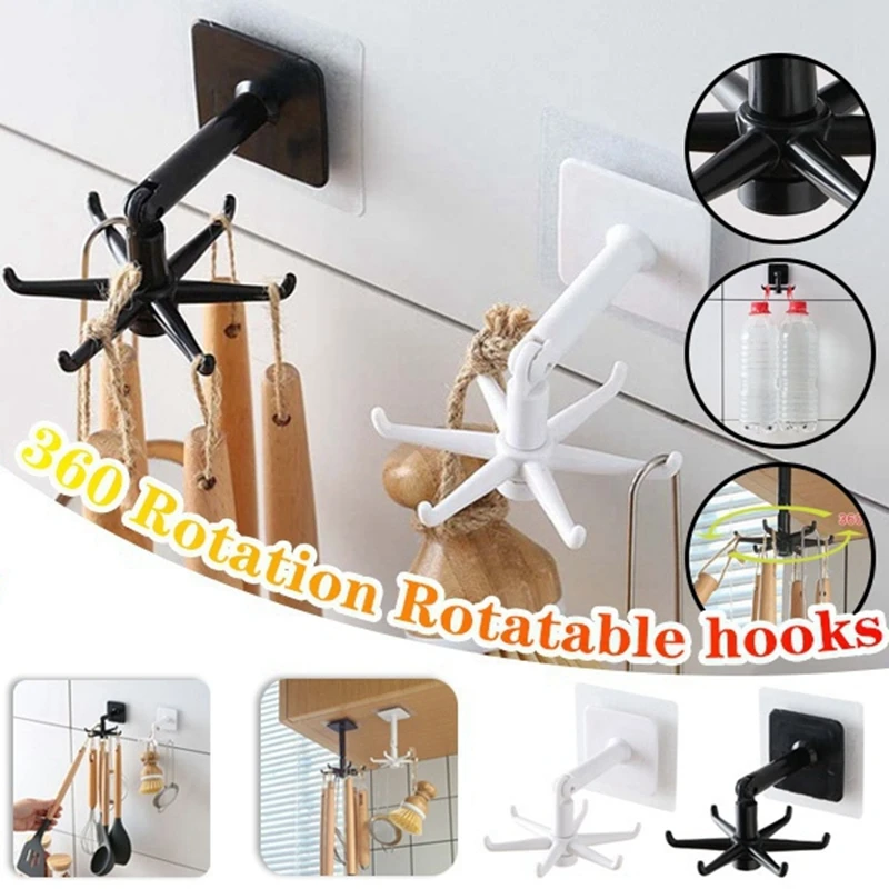 360 Degrees Rotated Kitchen Hooks Self Adhesive Wall Door Hook Handbag Clothes Ties Bag Home Hanging Rack