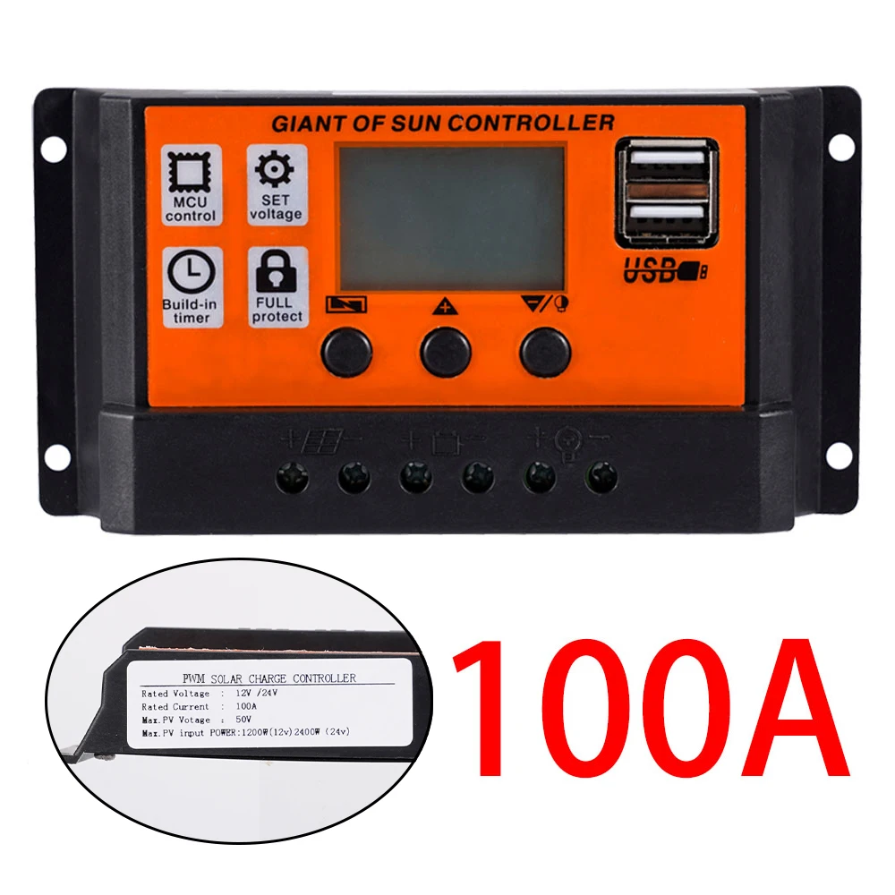 

100A/80A/60A/30A/10A PWN Auto Solar Charge Controller Dual USB LCD Display Output 5V Auto Solar Panel Battery Charge Regulator