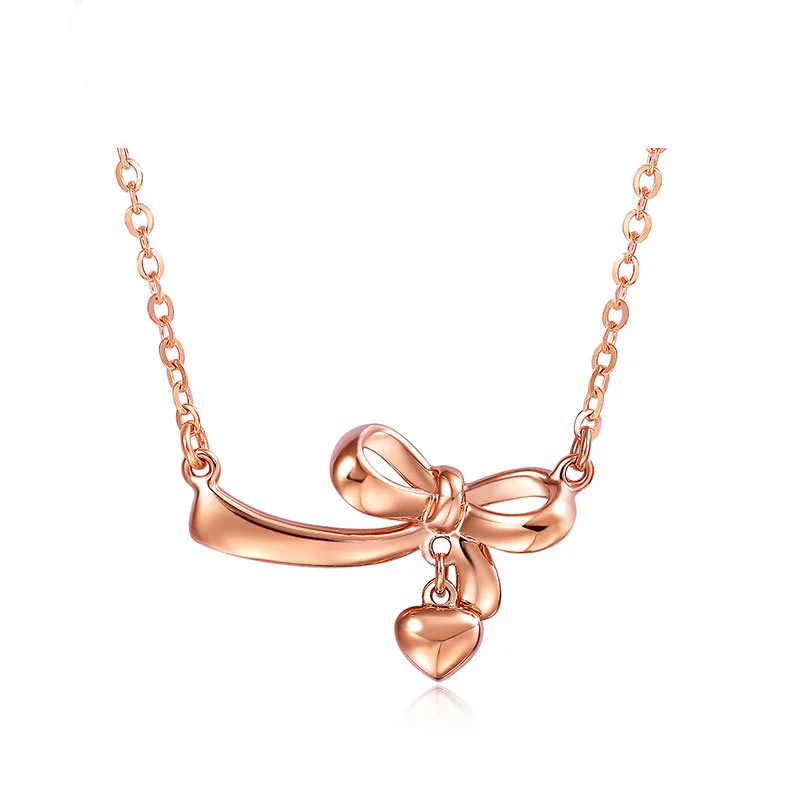 

Hotest Trendy Bowknot Heart 18K Pure Real Solid Genuine Gold Charm Pendant Necklace Set For Women Girl Fancy Office Jewelry Gift