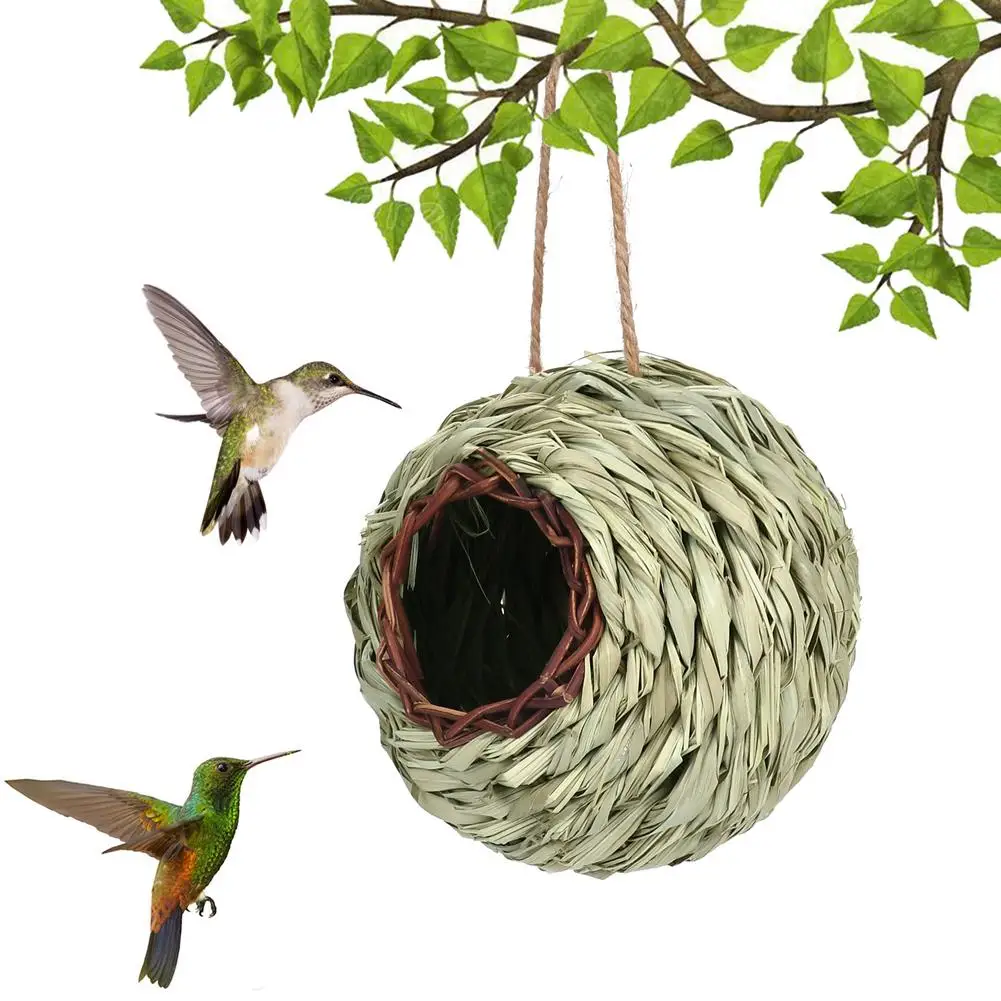 

Hand-woven Natural Grass Bird House With Hanging Rope Handmade Bird Nest Shelter Hut Small Bird Hideaway