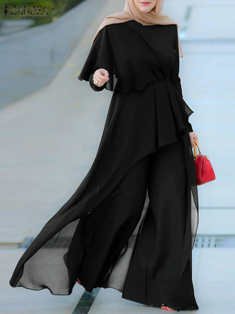 

ZANZEA Summer Muslim Women Jumpsuit Lace Patchwork O-Neck Full Sleeve Wide Leg Romper Elegant Solid Long Party Overall Dungaree
