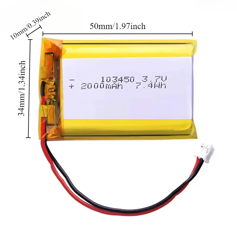 Фото Литиевая перезаряжаемая батарея 103450 3.7V 2000mAh с разъемом PH 2.0мм 2pin для камеры, GPS-навигатора, MP5, PS4, 100% реальная емкость. №2