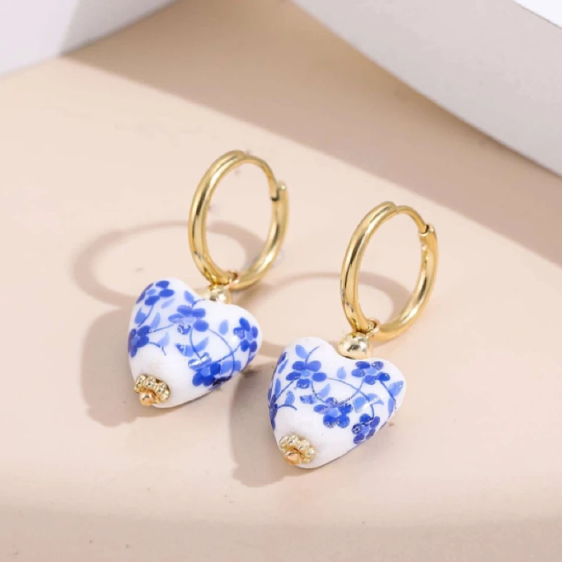 para damskich nowych chińskich ceramicznych niebieskich kolczyków w stylu retro