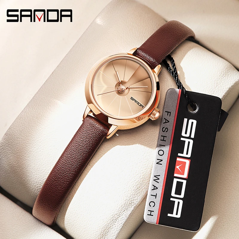 SANDA Casual Fashion Rose Gold Case Women Quartz Watch Brown Leather Strap Simple Style Womens Watch Water Resistant Reloj Mujer enlarge